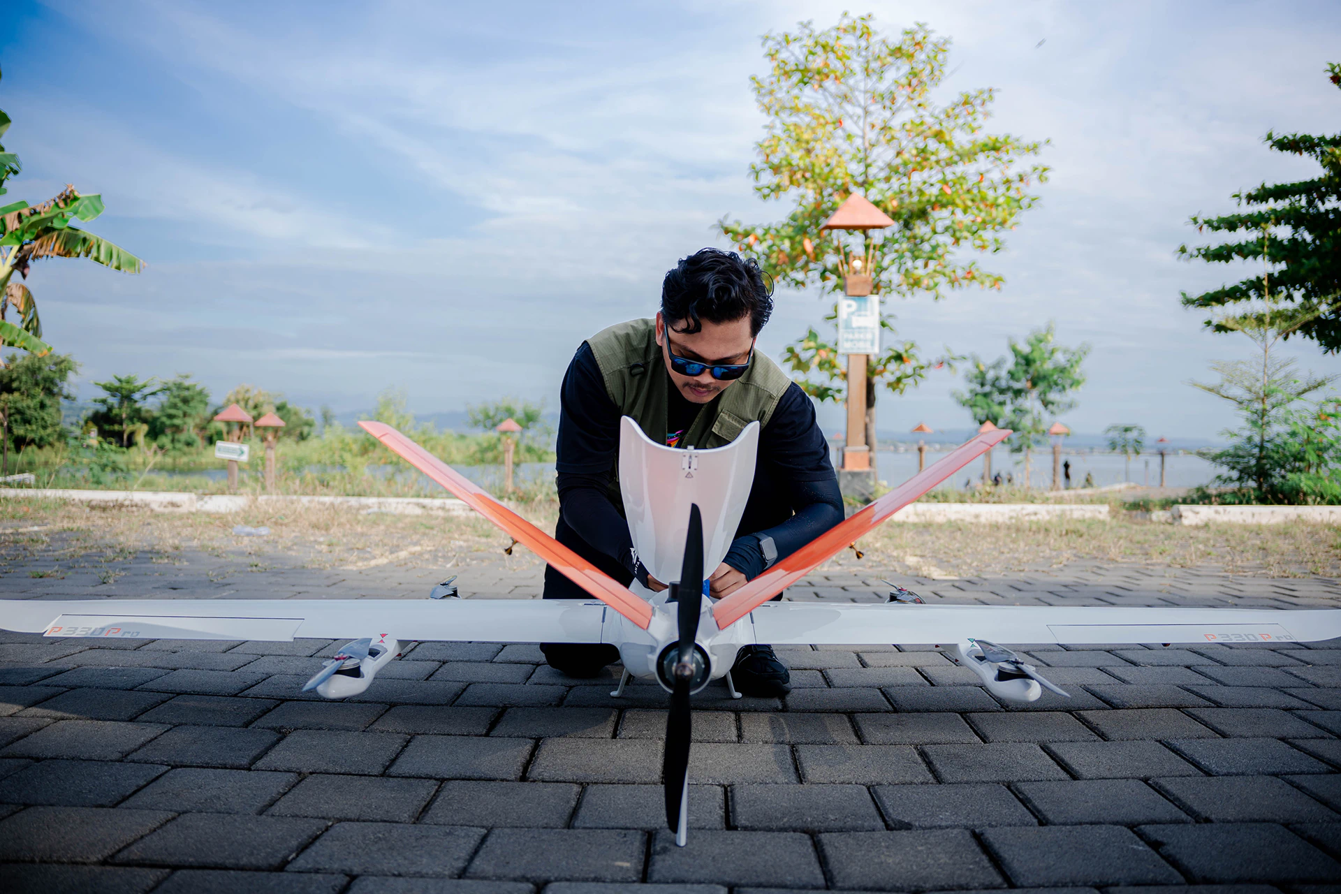 Drone pilot inspecting VTOL