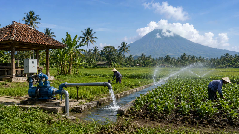 A field in Indonesia with ground water well, aquafiers, field workers.