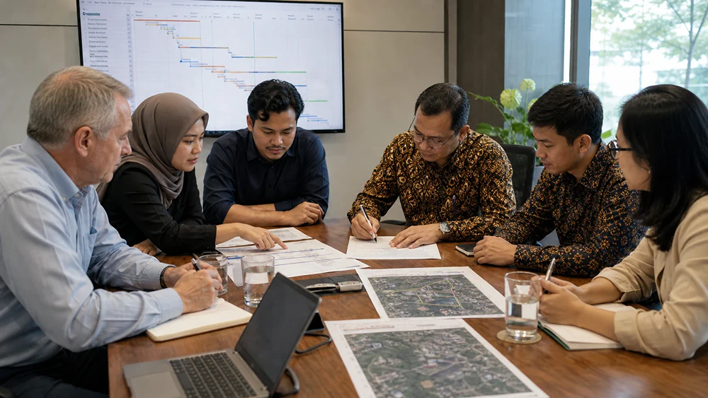 A project meeting room showing 5 Indonesian people and a western man around a table filled with maps, charts, a time chart on a screen, and laptop.