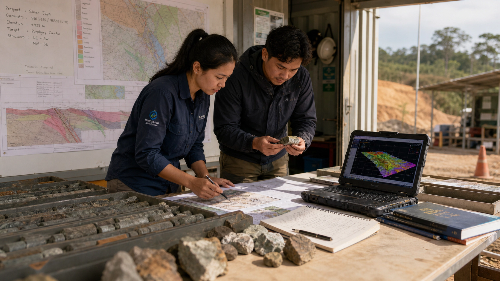 Two Indonesian geologists analyzing drill hole cores and survey data.